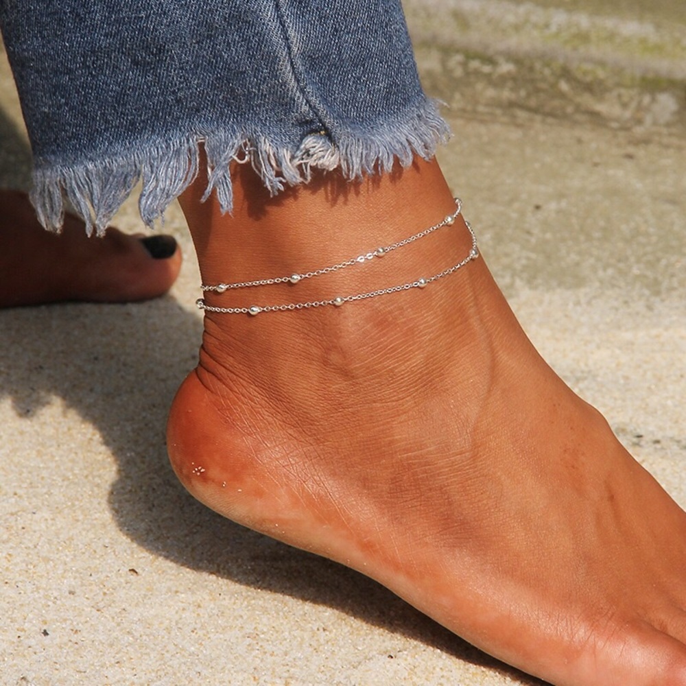🎉 New Layered Beaded Silver Adjustable Anklet Bracelet